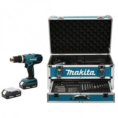 Perceuse visseuse à percussion sans fil Makita 18V Li-Ion 2x1,3Ah Ø13 mm +  kit d'accessoires - HP457DWEX4 - Firm